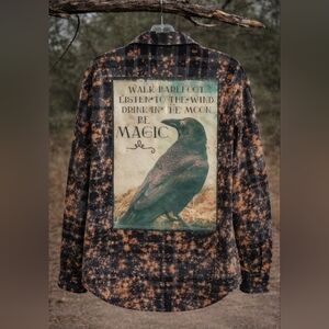 Angry Minnow Bleach Splatter Flannel Shirt Raven Graphic Boho Grunge Witchy XXL